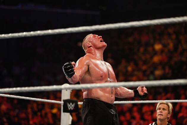 NEW YORK, NY - AUGUST 23:  Brock Lesnar in action during his fight against The Undertaker at the WWE SummerSlam 2015 at Barclays Center of Brooklyn on August 23, 2015 in New York City.  (Photo by JP Yim/Getty Images)