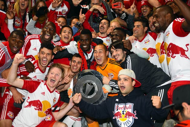 Oct 25, 2015; Chicago, IL, USA; The New York Red Bulls react after the game at Toyota Park. New York Red Bulls defeat the Chicago Fire 2-1. Mandatory Credit: Mike DiNovo-USA TODAY Sports
