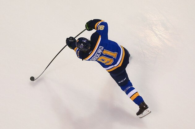 ST. LOUIS, MO - OCTOBER 8: Vladimir Tarasenko #91 of the St. Louis Blues shoots the puck during warm-ups prior to playing against the Edmonton Oilers at the Scottrade Center on October 8, 2015 in St. Louis, Missouri.  (Photo by Dilip Vishwanat/Getty Images)