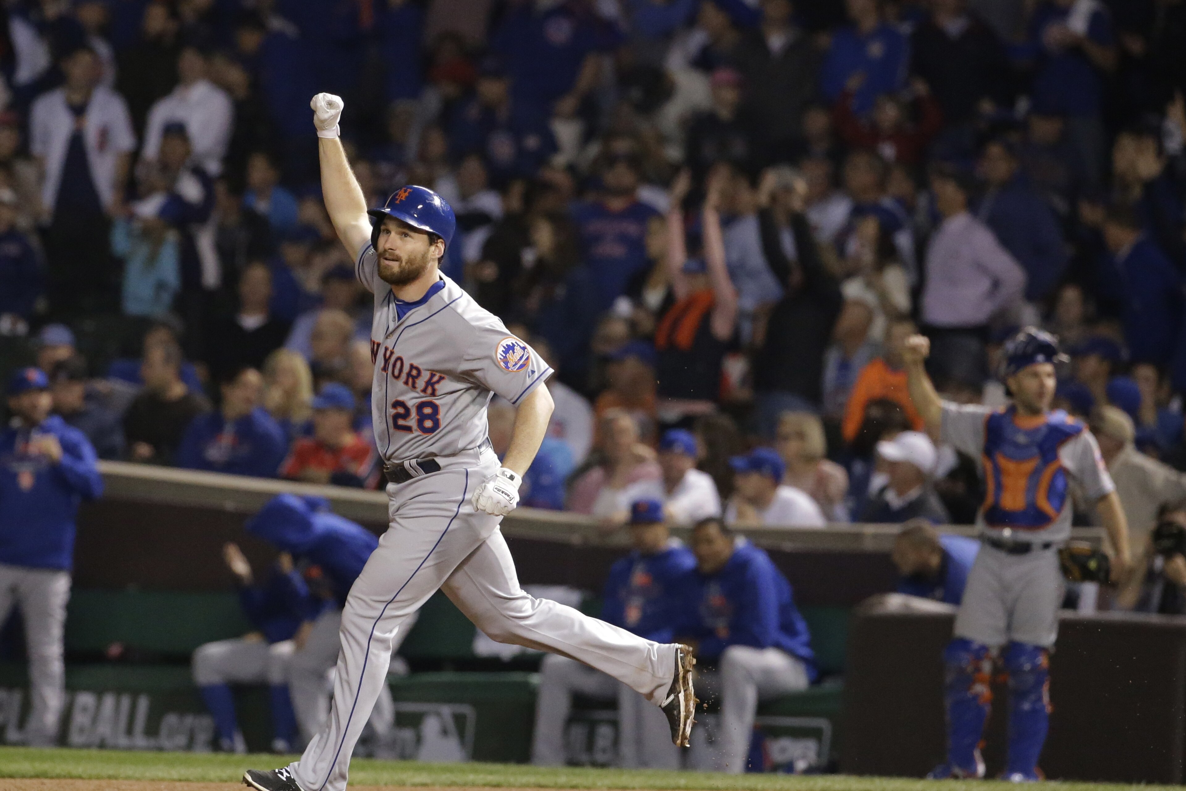 New York Mets' Daniel Murphy celebrates after hitting a two-run home run during the eighth inning of Game 4 of the National League baseball championship series against the Chicago Cubs Wednesday, Oct. 21, 2015, in Chicago. (AP Photo/Nam Y. Huh) New York Mets' Daniel Murphy celebrates after hitting a two-run home run during the eighth inning of Game 4 of the National League baseball championship series against the Chicago Cubs Wednesday, Oct. 21, 2015, in Chicago. (AP Photo/Nam Y. Huh)