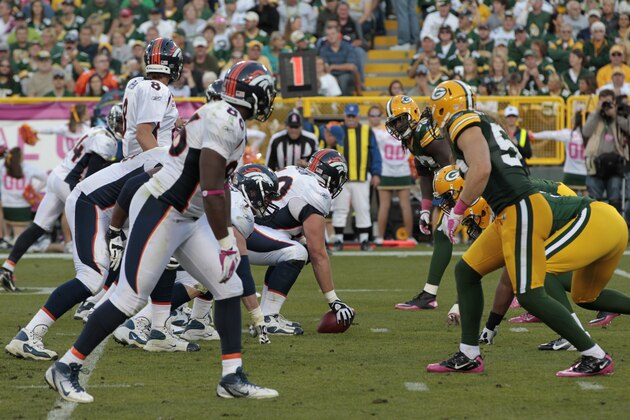 The Denver Broncos play the Green Bay Packer in an NFL football game Sunday, Oct. 2, 2011, in Green Bay, Wis. (AP Photo/Mike Roemer)