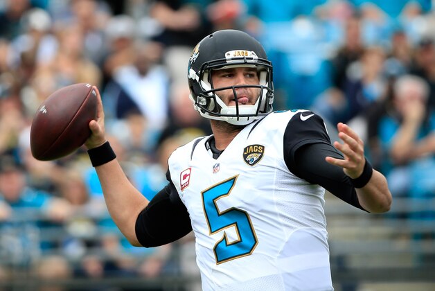 JACKSONVILLE, FL - OCTOBER 18:  Blake Bortles #5 of the Jacksonville Jaguars attempts a pass during the game against the Houston Texans at EverBank Field on October 18, 2015 in Jacksonville, Florida.  (Photo by Sam Greenwood/Getty Images)