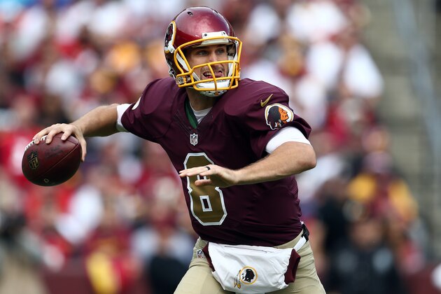 LANDOVER, MD - OCTOBER 25: Quarterback Kirk Cousins #8 of the Washington Redskins drops back to pass in the second quarter of a game against the Tampa Bay Buccaneers at FedExField on October 25, 2015 in Landover, Maryland. (Photo by Matt Hazlett/Getty Images)