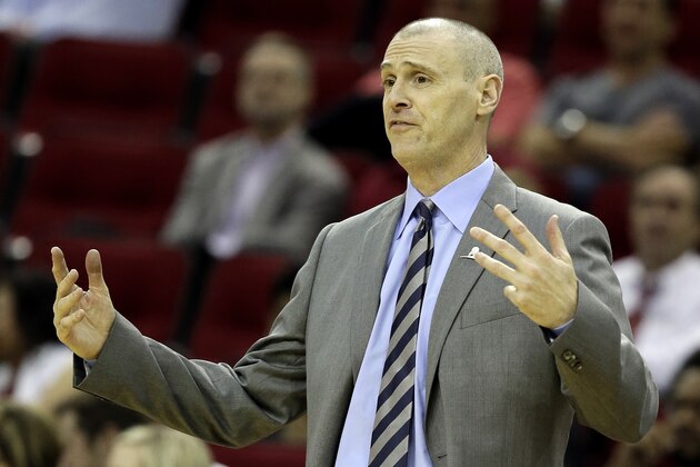 Dallas Mavericks coach Rick Carlisle gestures to a referee in the second half of a preseason NBA basketball game against the Houston Rockets, Wednesday, Oct. 7, 2015, in Houston. The Rockets won 109-82. (AP Photo/Pat Sullivan)