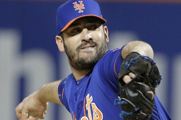 New York Mets pitcher Matt Harvey throws during the first inning of Game 1 of the National League baseball championship series against the Chicago Cubs Saturday, Oct. 17, 2015, in New York. (AP Photo/Julie Jacobson)