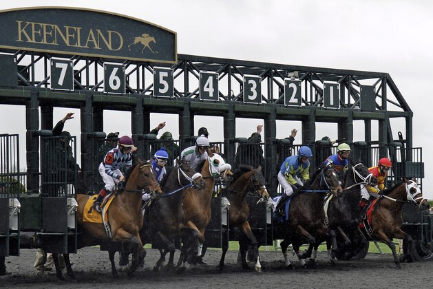 Thoroughbreds break from the starting game in the first horse race of opening day at Keeneland in Lexington, Ky., Friday, April 4, 2014. English Council (4), getting a late start, won the race. (AP Photo/Garry Jones)