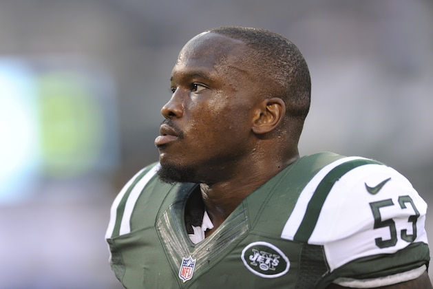 New York Jets linebacker Joe Mays (53) warms up before a preseason NFL football game against the Philadelphia Eagles Thursday, Sept. 3, 2015  in East Rutherford, N.J. (AP Photo/Bill Kostroun)