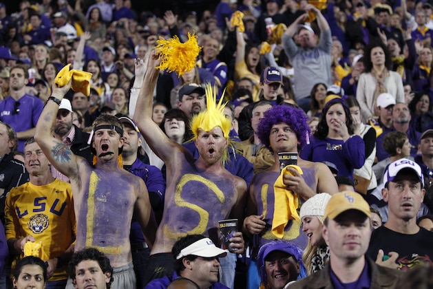 LSU fans cheer in the first half of an NCAA college football game against Alabama in Baton Rouge, La., Saturday, Nov. 8, 2014. (AP Photo/Jonathan Bachman)