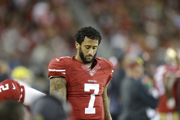 San Francisco 49ers quarterback Colin Kaepernick (7) stands on the sideline during the second half of an NFL football game against the Seattle Seahawks in Santa Clara, Calif., Thursday, Oct. 22, 2015. (AP Photo/Ben Margot)