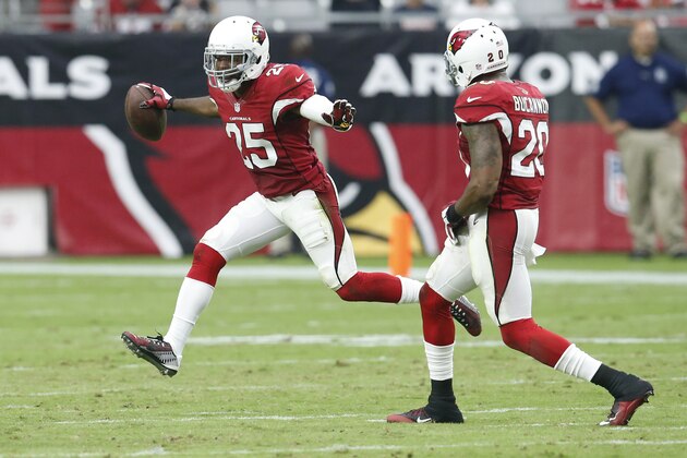 Arizona Cardinals cornerback Jerraud Powers (25) celebrates his interception against the San Francisco 49ers during the second half of an NFL football game, Sunday, Sept. 27, 2015, in Glendale, Ariz.  (AP Photo/Rick Scuteri)