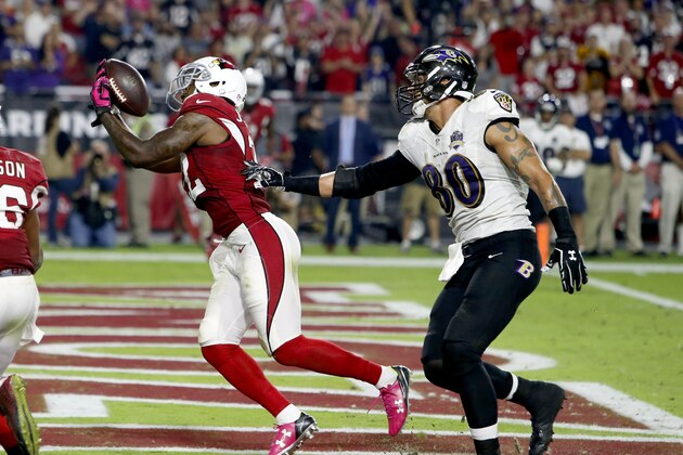 Arizona Cardinals strong safety Tony Jefferson (22) intercepts a  throw intended for Baltimore Ravens tight end Crockett Gillmore (80) in the end zone during the final seconds the second half of an NFL football game, Monday, Oct. 26, 2015, in Glendale, Ariz. The Cardinals won 26-18. (AP Photo/Rick Scuteri)