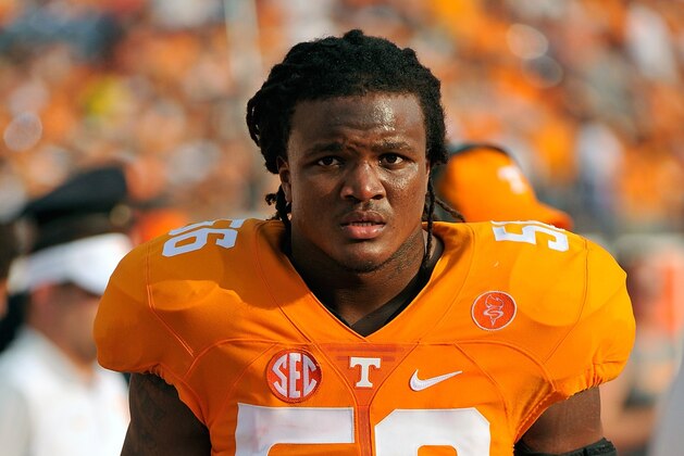 NASHVILLE, TN - SEPTEMBER 05:  Curt Maggitt #56 of the Tennessee Volunteers watches from the sideline during a game against the Bowling Green Falcons at Nissan Stadium on September 5, 2015 in Nashville, Tennessee.  (Photo by Frederick Breedon/Getty Images)