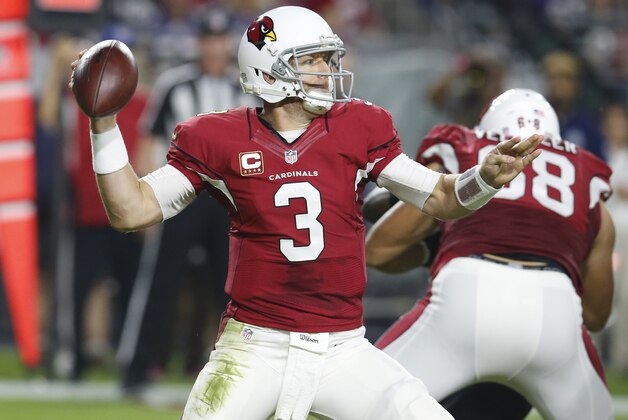 Arizona Cardinals quarterback Carson Palmer (3) throws against the Baltimore Ravens during the first half of an NFL football game, Monday, Oct. 26, 2015, in Glendale, Ariz. (AP Photo/Rick Scuteri)