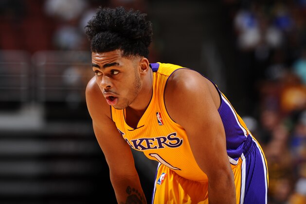 ANAHEIM, CA - OCTOBER 22:  D'Angelo Russell #1 of the Los Angeles Lakers looks on against the Golden State Warriors during a preseason game on October 22, 2015 at Honda Center in Anaheim, California. NOTE TO USER: User expressly acknowledges and agrees that, by downloading and/or using this Photograph, user is consenting to the terms and conditions of the Getty Images License Agreement. Mandatory Copyright Notice: Copyright 2015 NBAE (Photo by Juan Ocampo/NBAE via Getty Images)