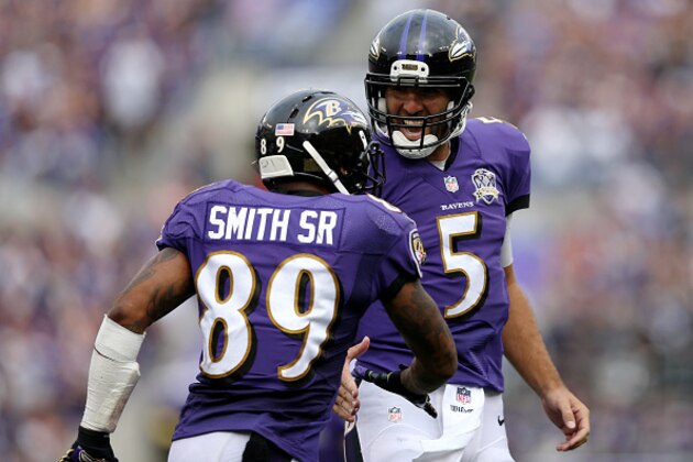 BALTIMORE, MD - SEPTEMBER 27: Wide receiver Steve Smith #89 of the Baltimore Ravens celebrates with quarterback Joe Flacco #5 of the Baltimore Ravens after scoring a fourth quarter touchdown during a game against the Cincinnati Bengals at M&T Bank Stadium on September 27, 2015 in Baltimore, Maryland. (Photo by Patrick Smith/Getty Images)
