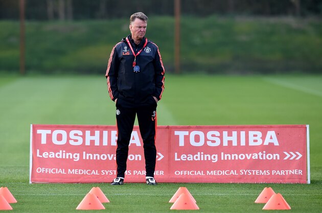 Manchester United's Dutch manager Louis van Gaal takes part in a training session their Carrington facility in Manchester, north west England on October 20, 2015 ahead of their Champions League football match against CSKA Moscow on October 21. AFP PHOTO / PAUL ELLIS        (Photo credit should read PAUL ELLIS/AFP/Getty Images)