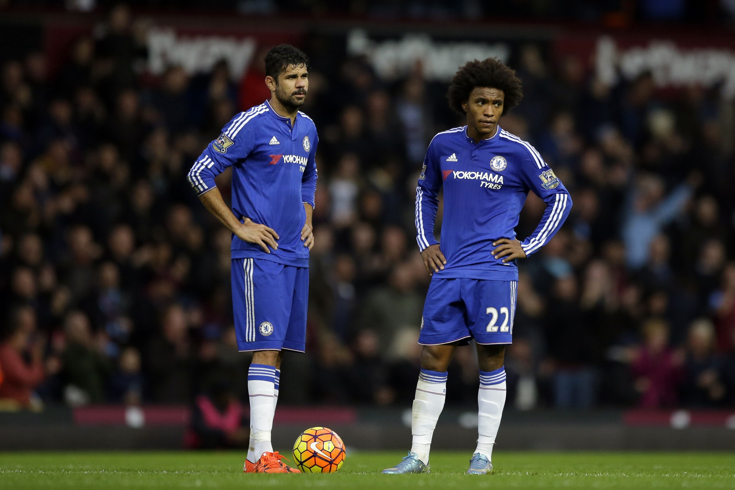 Chelsea's Diego Costa, left, and William wait to take the kick off after West Ham's Andy Carroll scored their second goal during the English Premier League soccer match between West Ham and Chelsea at Upton Park stadium in London, Saturday, Oct. 24, 2015. (AP Photo/Matt Dunham) Chelsea's Diego Costa, left, and William wait to take the kick off after West Ham's Andy Carroll scored their second goal during the English Premier League soccer match between West Ham and Chelsea at Upton Park stadium in London, Saturday, Oct. 24, 2015. (AP Photo/Matt Dunham)