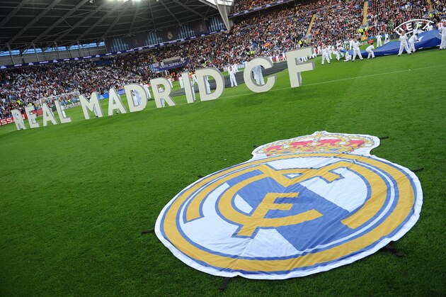 CARDIFF, WALES - AUGUST 12: The Real Madrid club badge is seen on the pitch prior to the UEFA Super Cup match between Real Madrid and Sevilla FC at Cardiff City Stadium on August 12, 2014 in Cardiff, Wales. (Photo by Chris Brunskill Ltd/Getty Images)