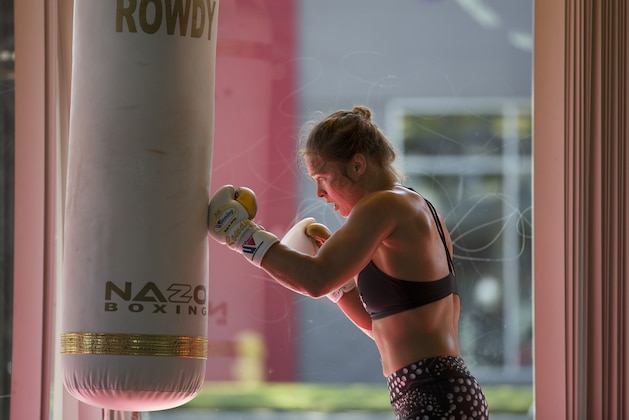Mixed martial arts fighter Ronda Rousey works out at Glendale Fighting Club, Wednesday, July 15, 2015, in Glendale, Calif. Rousey, the UFC bantamweight champion, will return to the octagon against Brazil’s unbeaten Bethe Correia at UFC 190 in Rio de Janeiro on Aug. 1. (AP Photo/Jae C. Hong)