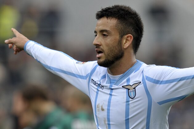 Lazio's Felipe Anderson celebrates after scoring during a Serie A soccer match against Sassuolo, at Reggio Emilia's Mapei stadium, Italy, Sunday, March 1, 2015. (AP Photo/Marco Vasini)