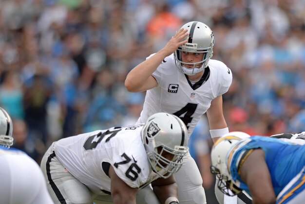Oct 25, 2015; San Diego, CA, USA; Oakland Raiders quarterback Derek Carr (4) gestures during the third quarter against the San Diego Chargers at Qualcomm Stadium. Mandatory Credit: Jake Roth-USA TODAY Sports