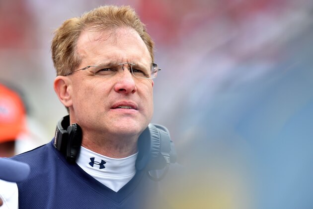 Oct 24, 2015; Fayetteville, AR, USA; Auburn Tigers head coach Gus Malzahn in the game against the Arkansas Razorbacks during the second half at Donald W. Reynolds Razorback Stadium. Mandatory Credit: Jasen Vinlove-USA TODAY Sports