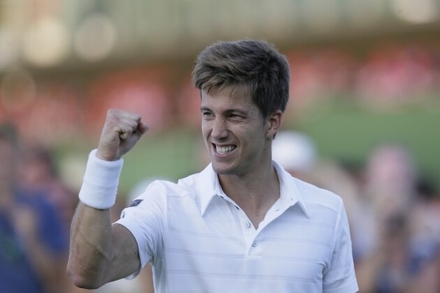Aljaz Bedene of Britain celebrates defeating Radek Stepanek of the Czech Republic in the singles first round match at the All England Lawn Tennis Championships in Wimbledon, London, Tuesday June 30, 2015. (AP Photo/Tim Ireland)