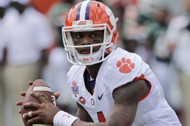Clemson quarterback Deshaun Watson drops back to pass during the first half of an NCAA College football game against Miami, Saturday, Oct. 24, 2015 in Miami Gardens, Fla. (AP Photo/Wilfredo Lee)