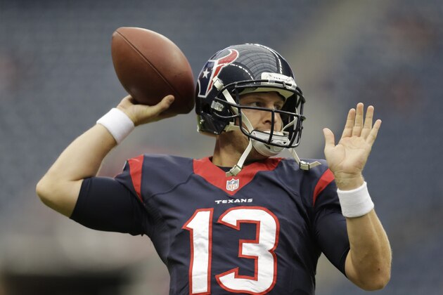 Houston Texans quarterback T.J. Yates (13) warms up before an NFL football game against the St. Louis Rams Sunday, Oct. 13, 2013, in Houston, Texas. (AP Photo/Eric Gay) Houston Texans quarterback T.J. Yates (13) warms up before an NFL football game against the St. Louis Rams Sunday, Oct. 13, 2013, in Houston, Texas. (AP Photo/Eric Gay)