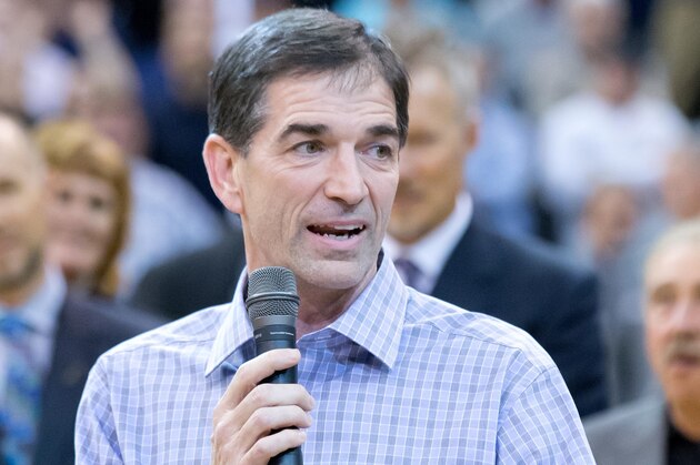 Jan 31, 2014; Salt Lake City, UT, USA; Former Utah Jazz player John Stockton speaks during a ceremony honoring former Jazz head coach Jerry Sloan during halftime at the game between the Utah Jazz and the Golden State Warriors at EnergySolutions Arena. Mandatory Credit: Russ Isabella-USA TODAY Sports