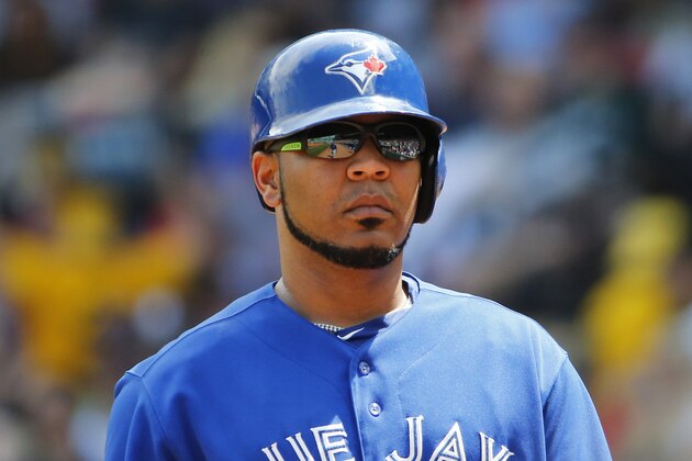 Toronto Blue Jays' Edwin Encarnacion during the second inning of a baseball game against the Boston Red Sox at Fenway Park in Boston Saturday, June 13, 2015. (AP Photo/Winslow Townson)