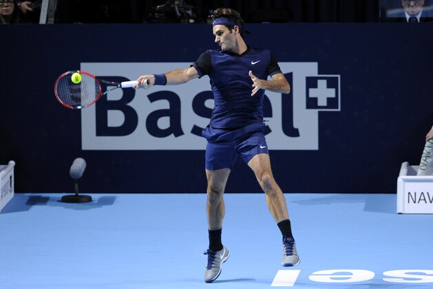 BASEL, SWITZERLAND - OCTOBER 27:  Roger Federer of Switzerland in action during the second day of the Swiss Indoors ATP 500 tennis tournament match against Mikhail Kukushkin of Kazakhstan at St Jakobshalle on October 27, 2015 in Basel, Switzerland.  (Photo by Harold Cunningham/Getty Images)