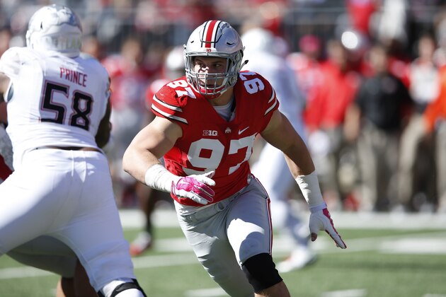 COLUMBUS, OH - OCTOBER 10: Joey Bosa #97 of the Ohio State Buckeyes in action against the Maryland Terrapins during a game at Ohio Stadium on October 10, 2015 in Columbus, Ohio. The Buckeyes defeated the Terrapins 49-28. (Photo by Joe Robbins/Getty Images) COLUMBUS, OH - OCTOBER 10: Joey Bosa #97 of the Ohio State Buckeyes in action against the Maryland Terrapins during a game at Ohio Stadium on October 10, 2015 in Columbus, Ohio. The Buckeyes defeated the Terrapins 49-28. (Photo by Joe Robbins/Getty Images)