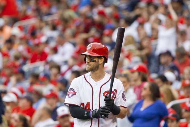 Washington Nationals' Bryce Harper steps up to the plate during a baseball game against the Philadelphia Phillies at Nationals Park in Washington, Sunday, Sept. 27, 2015. The Phillies won 12-5. (AP Photo/Jacquelyn Martin)