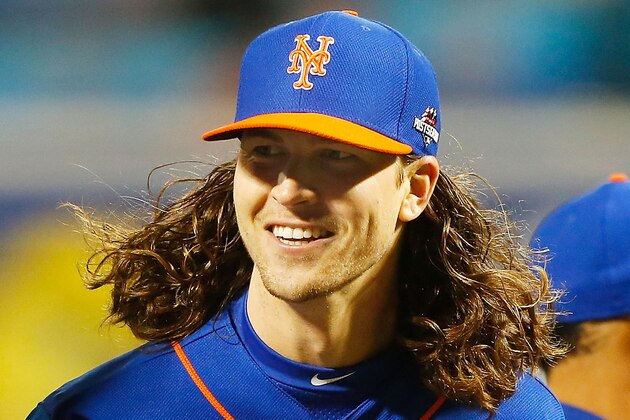 NEW YORK, NY - OCTOBER 17:  (NEW YORK DAILIES OUT)   Jacob deGrom #48 of the New York Mets looks on against the Chicago Cubs during game one of the 2015 MLB National League Championship Series at Citi Field on October 17, 2015 in the Flushing neighborhood of the Queens borough of New York City. The Mets defeated the Cubs 4-2.  (Photo by Jim McIsaac/Getty Images)