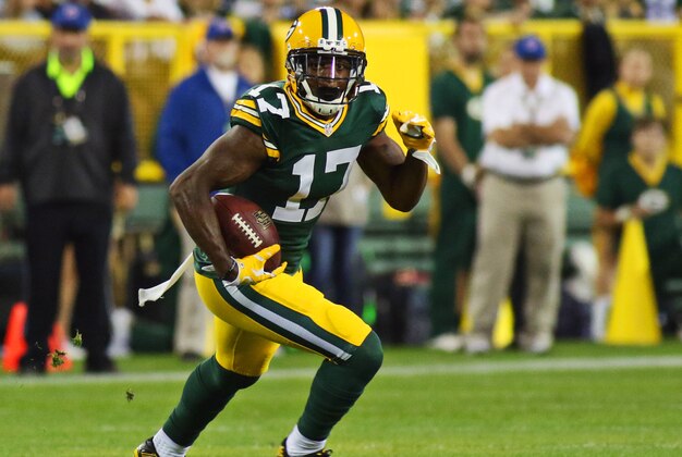 Sep 20, 2015; Green Bay, WI, USA; Green Bay Packers wide receiver Davante Adams (17) with a catch against the Seattle Seahawks during a game at Lambeau Field. Packers won 27-17. Mandatory Credit: Ray Carlin-USA TODAY Sports