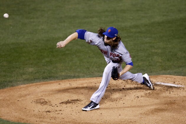 New York Mets pitcher Jacob deGrom throws during the first inning of Game 3 of the National League baseball championship series against the Chicago Cubs Tuesday, Oct. 20, 2015, in Chicago. (AP Photo/Charles Rex Arbogast)