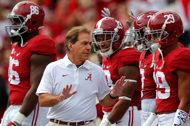 TUSCALOOSA, AL - OCTOBER 24:  Head coach Nick Saban of the Alabama Crimson Tide walks his team onto the field prior to facing the Tennessee Volunteers at Bryant-Denny Stadium on October 24, 2015 in Tuscaloosa, Alabama.  (Photo by Kevin C. Cox/Getty Images)
