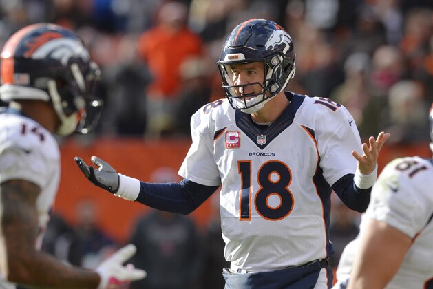 Denver Broncos quarterback Peyton Manning (18) reacts during an NFL football game against the Cleveland Browns Sunday, Oct. 18, 2015, in Cleveland. Denver won 26-23 in overtime. (AP Photo/David Richard)