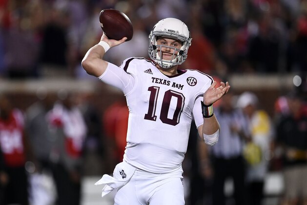 OXFORD, MS - OCTOBER 24:  Kyle Allen #10 of the Texas A&M Aggies looks to pass during the first quarter of a game against the Mississippi Rebels at Vaught-Hemingway Stadium on October 24, 2015 in Oxford, Mississippi.  (Photo by Stacy Revere/Getty Images)