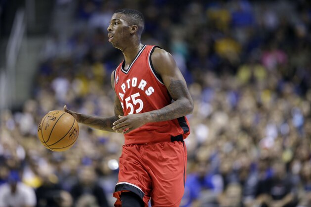 Toronto Raptors' Delon Wright (55) during the first half of a preseason NBA basketball game against the Golden State Warriors Monday, Oct. 5, 2015, in San Jose, Calif.  (AP Photo/Marcio Jose Sanchez)