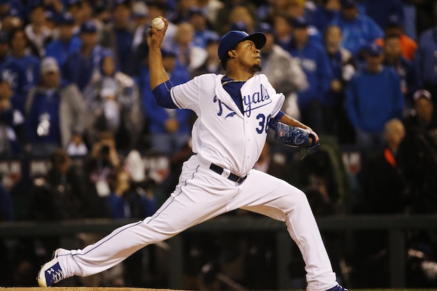 Kansas City Royals pitcher Edinson Volquez throws during the first inning of Game 1 of the Major League Baseball World Series against the New York Mets Tuesday, Oct. 27, 2015, in Kansas City, Mo. (AP Photo/Matt Slocum)