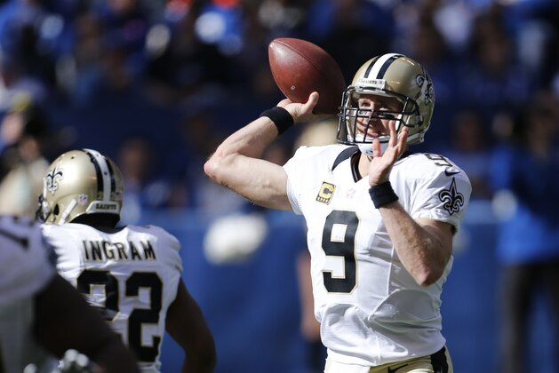 New Orleans Saints quarterback Drew Brees (9) throws against the Indianapolis Colts in the first half of an NFL football game in Indianapolis, Sunday, Oct. 25, 2015.  (AP Photo/AJ Mast)