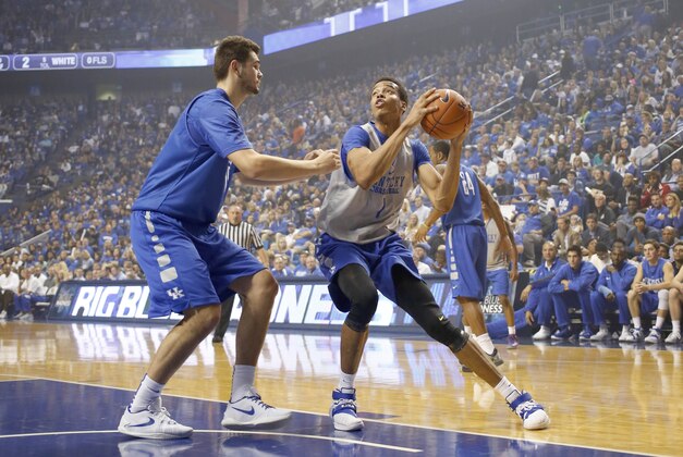 Oct 16, 2015; Lexington, KY, USA; Kentucky Wildcats forward Skal Labissiere (1) shoots the ball against forward Issac Humphries (15) during Kentucky Blue Madness at Rupp Arena. Mandatory Credit: Mark Zerof-USA TODAY Sports