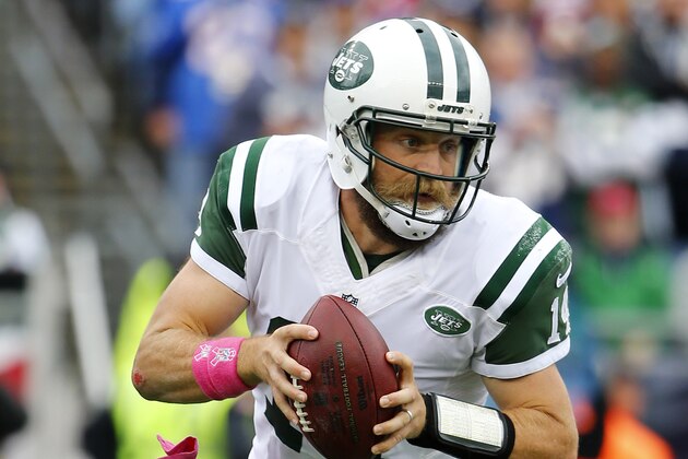 New York Jets quarterback Ryan Fitzpatrick scrambles  against the New England Patriots during a NFL football game at Gillette Stadium in Foxborough, Mass. Sunday, Oct. 25, 2015. (Winslow Townson/AP Images for Panini)