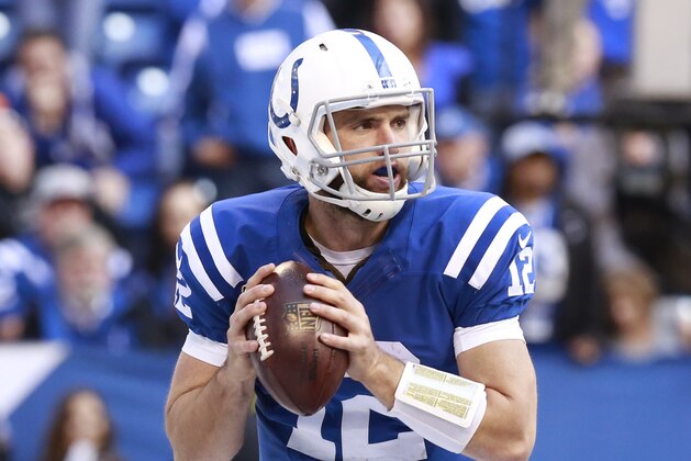 Indianapolis Colts quarterback Andrew Luck (12) in the second half of an NFL football game against the New Orleans Saints in Indianapolis, Sunday, Oct. 25, 2015. The Saints defeated the Colts 27-21.  (AP Photo/R Brent Smith)