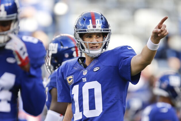 New York Giants quarterback Eli Manning (10) gestures to teammates before an NFL football game against the Dallas Cowboys Sunday, Oct. 25, 2015, in East Rutherford, N.J. (AP Photo/Kathy Willens)
