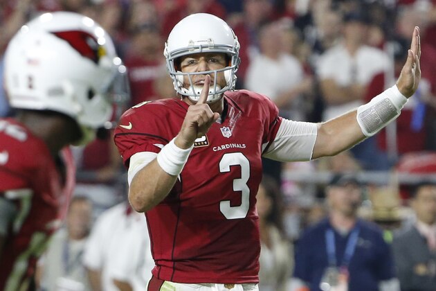 Arizona Cardinals quarterback Carson Palmer (3) calls a play during the second half of an NFL football game agains the Baltimore Ravens, Monday, Oct. 26, 2015, in Glendale, Ariz. (AP Photo/Ross D. Franklin)