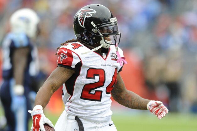 Oct 25, 2015; Nashville, TN, USA; Atlanta Falcons running back Devonta Freeman (24) after a short gain during the first half against the Tennessee Titans at Nissan Stadium. Mandatory Credit: Christopher Hanewinckel-USA TODAY Sports