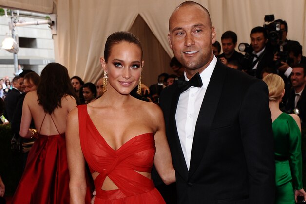 Derek Jeter, right, and Hannah Davis arrive at The Metropolitan Museum of Art's Costume Institute benefit gala celebrating